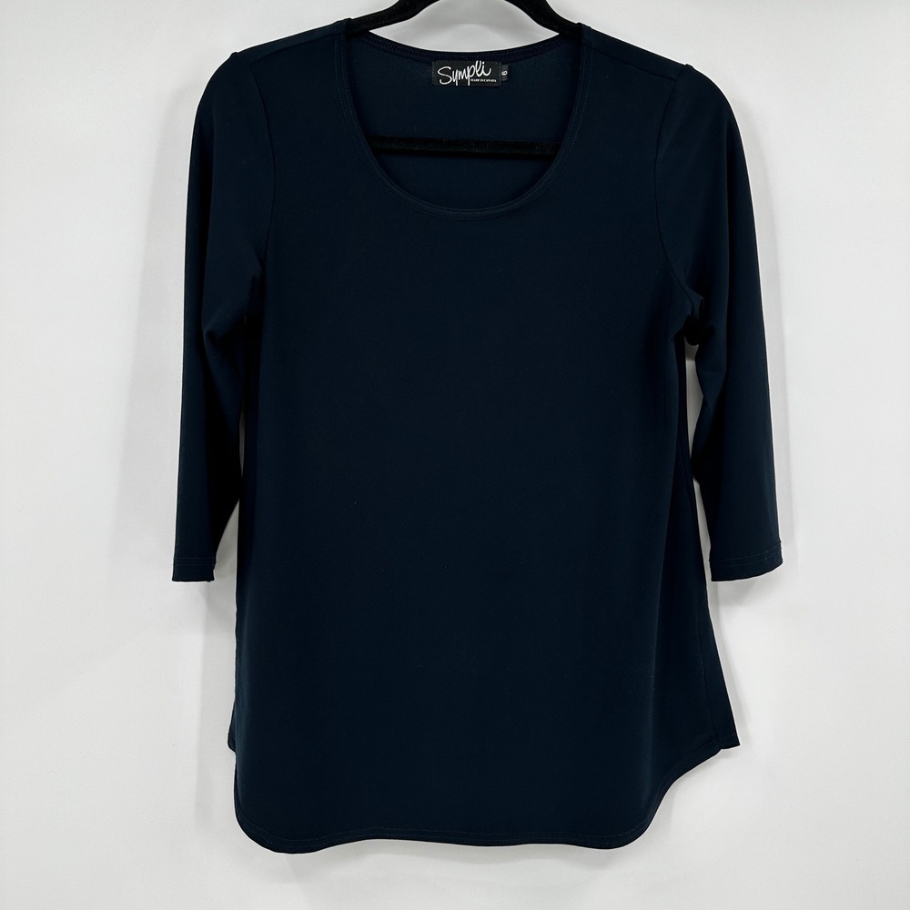 Sympli Navy Blue Go-To Classic T 3/4 Sleeve Scoop Neck Top Sz 6 Capsule Timeless